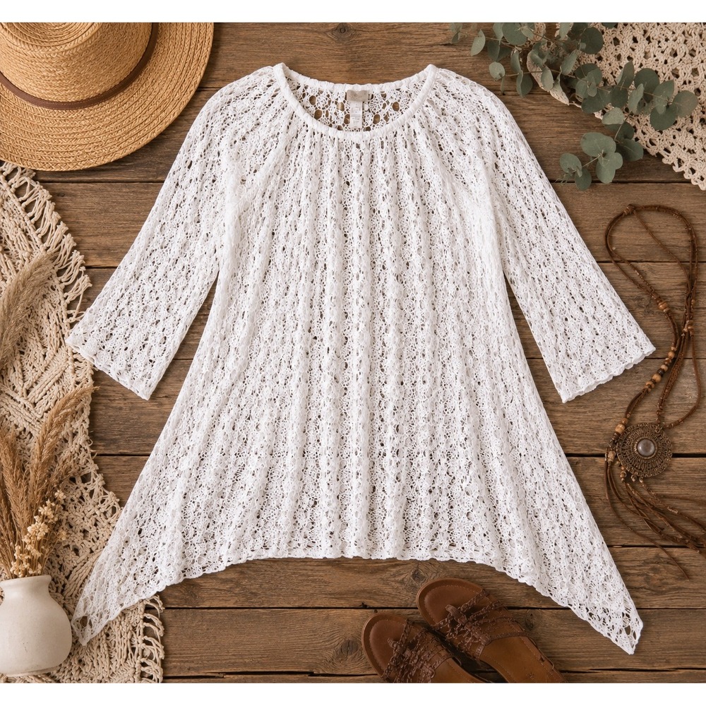 Chico's Tunic Top Womens 1 White Open Knit Crochet Sharkbite Hem Boho Romantic